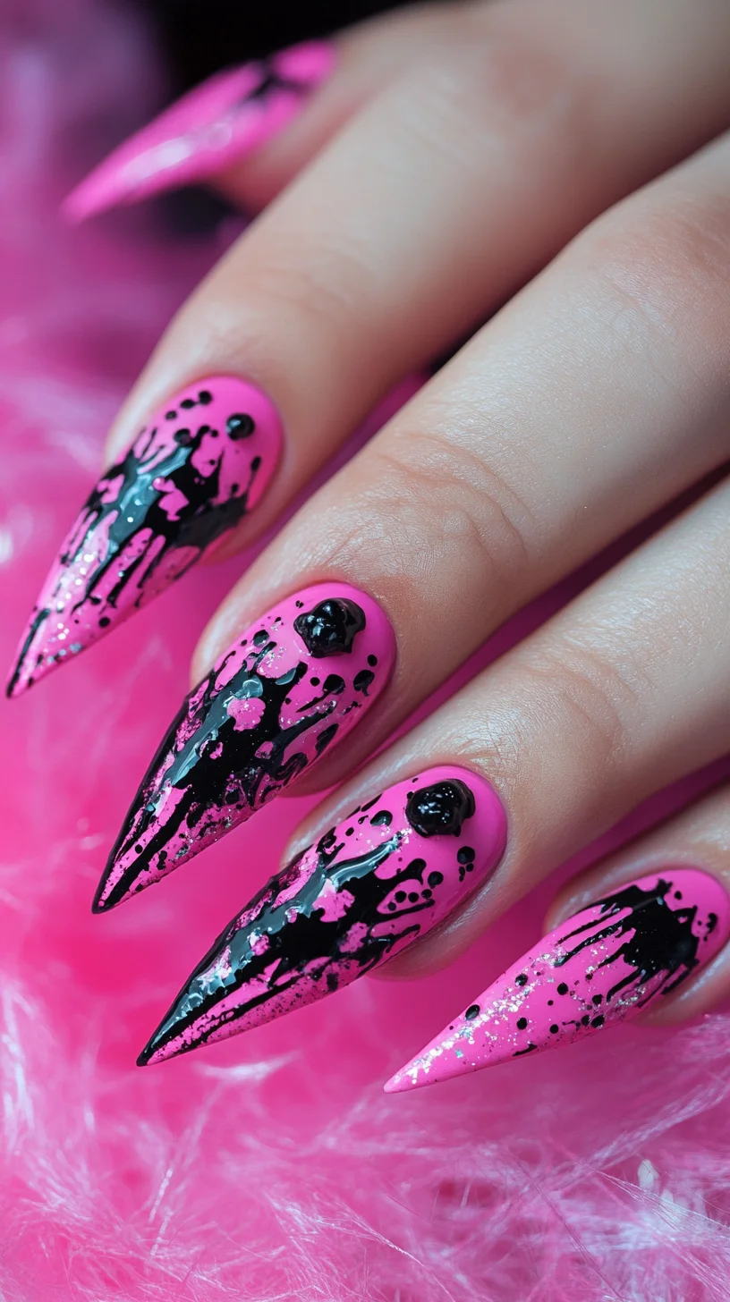 Edgy Elegance: Bold Pink and Black Drip Nail Art for the Fearless Fashionista