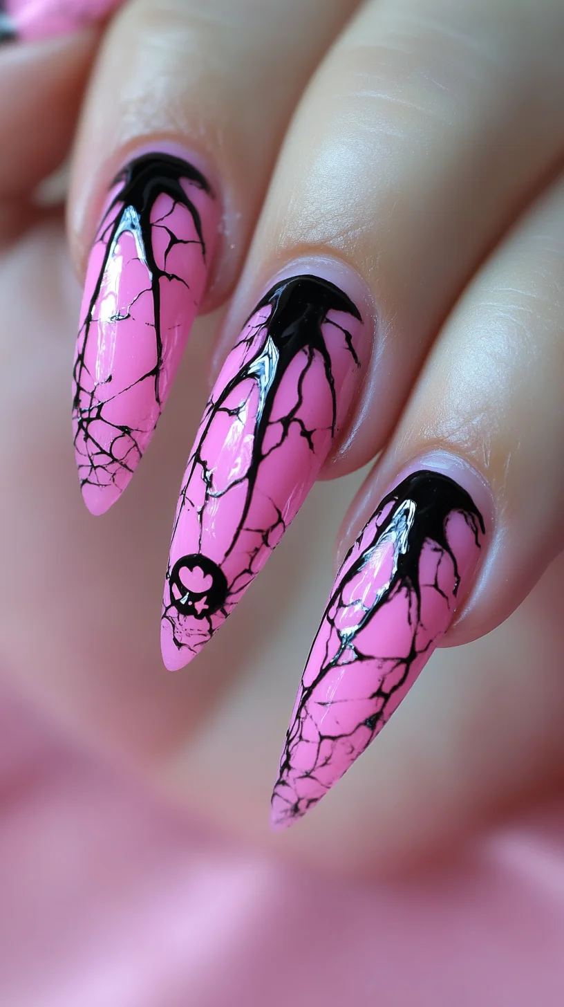Edgy Elegance: Bold Pink Cracked Nail Art with a Touch of Glam