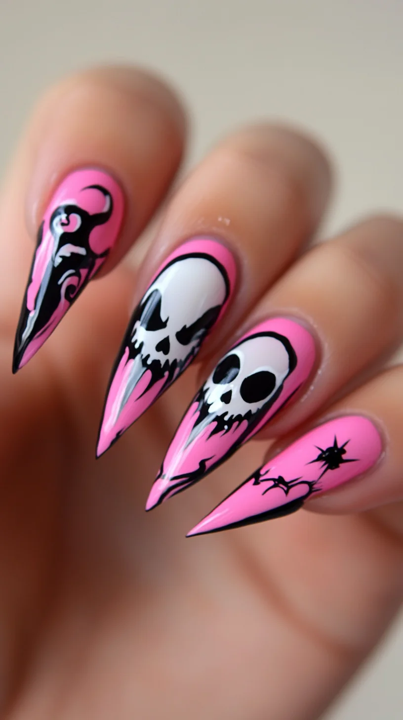 Edgy Glam: Bold Pink Coffin Nails with Striking Skull Art