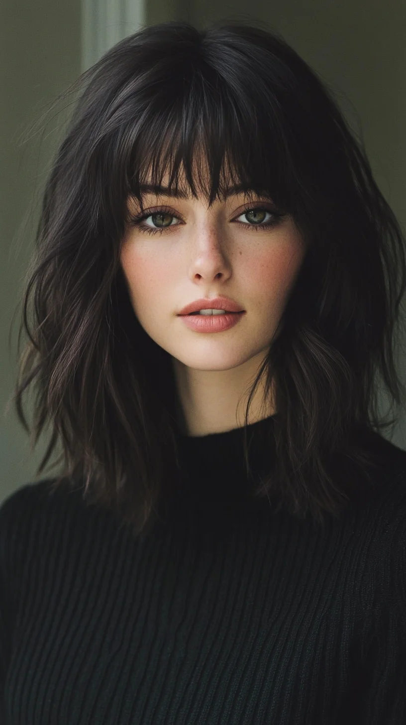 Effortless Waves: The Chic, Textured Hairstyle with Bold Bangs