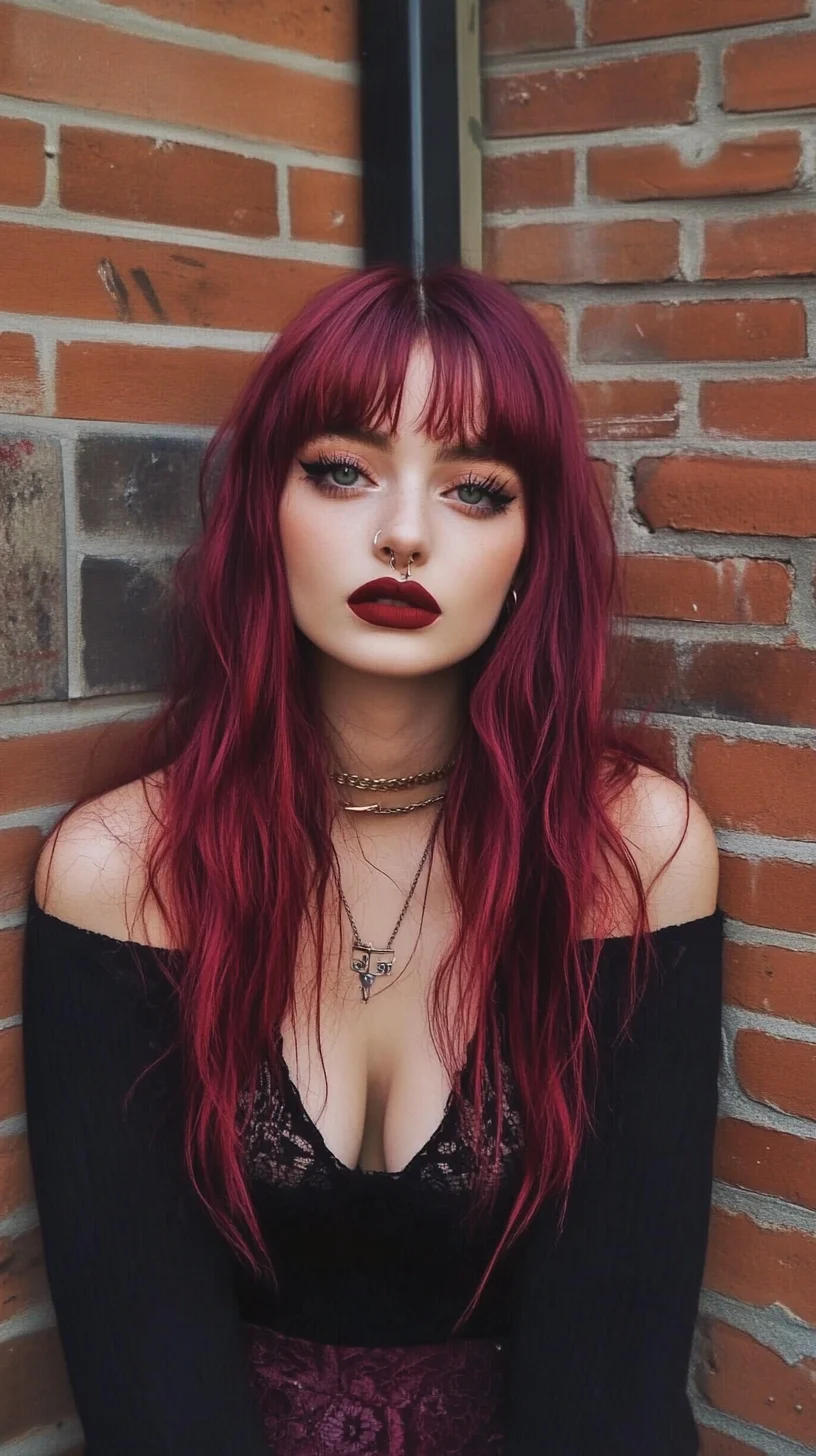 Effortlessly Chic: Embrace the Allure of Long, Layered Red Waves with Bangs