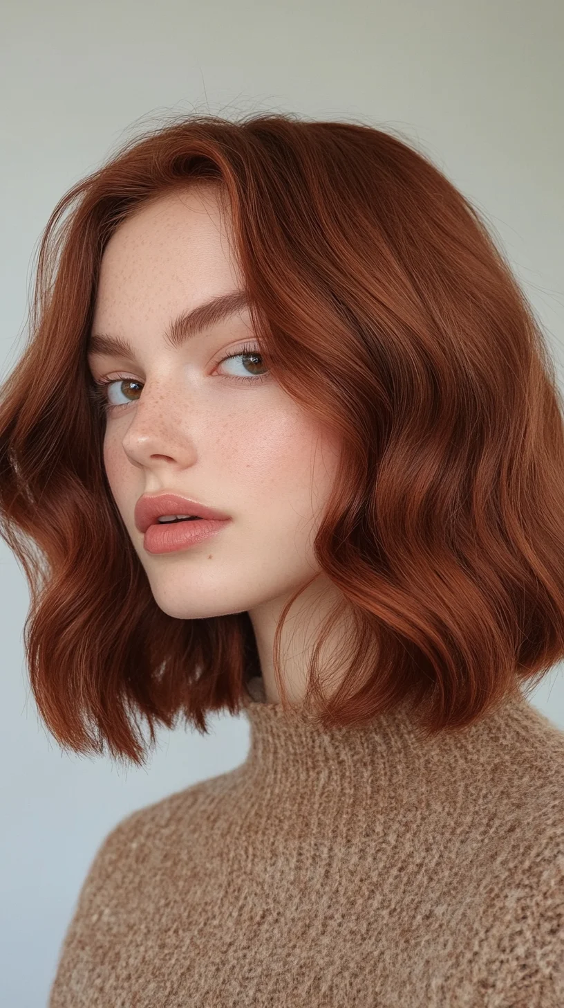 Effortlessly Chic: The Modern Wavy Lob with a Rich Auburn Hue