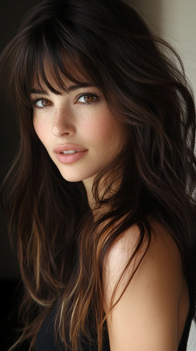 Effortlessly Chic: Wavy Long Locks with Face-Framing Bangs