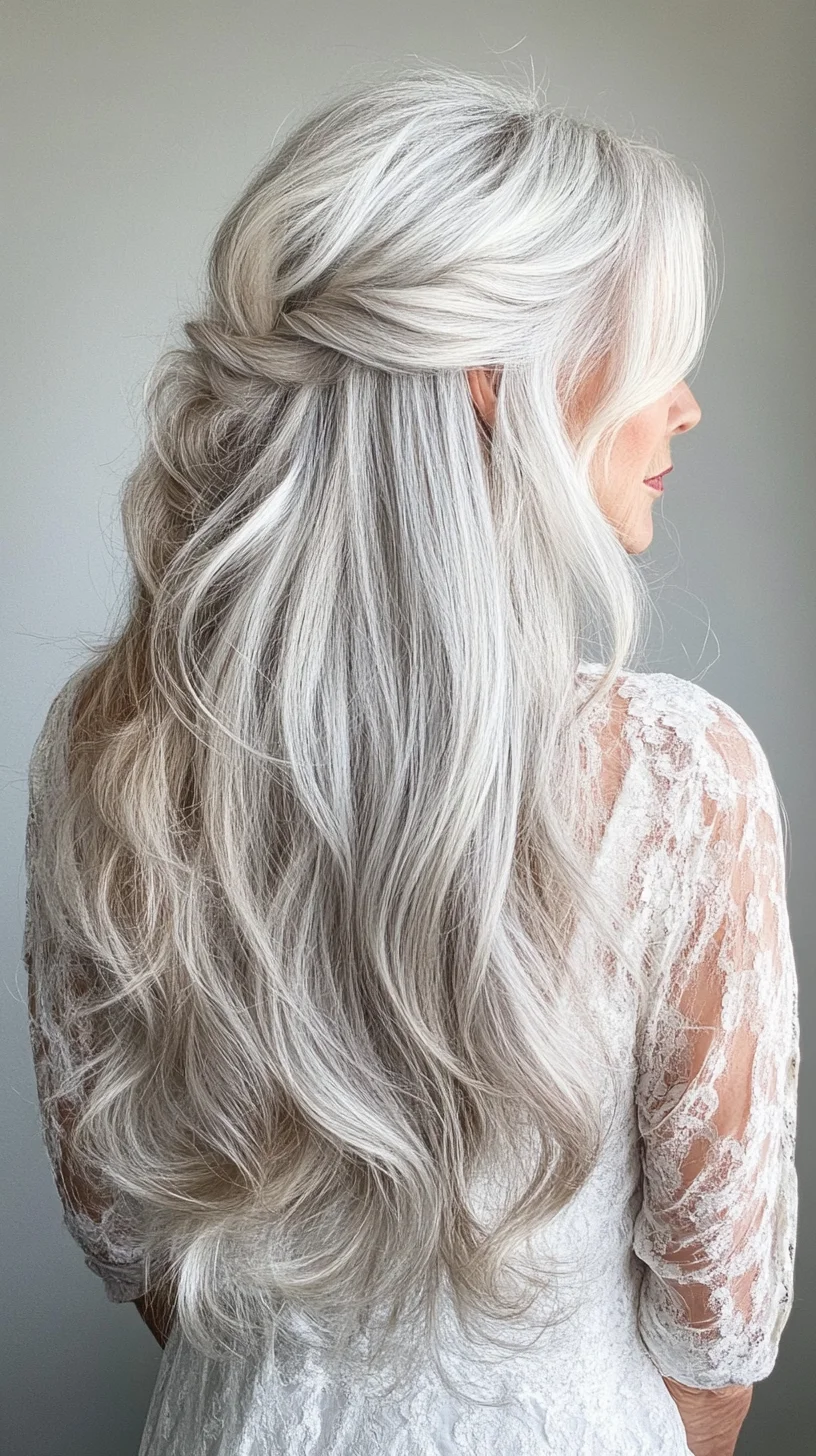 Effortlessly Elegant: Gorgeous Long Silver Waves with a Chic Half-Up Twist