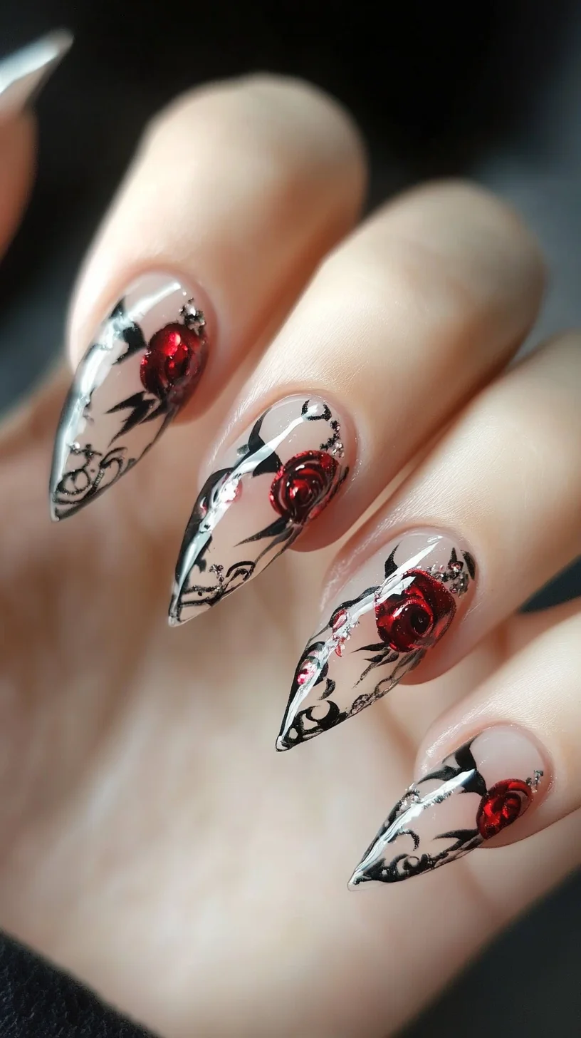 Effortlessly Elegant: Stunning Red Roses on Chic Stiletto Nails