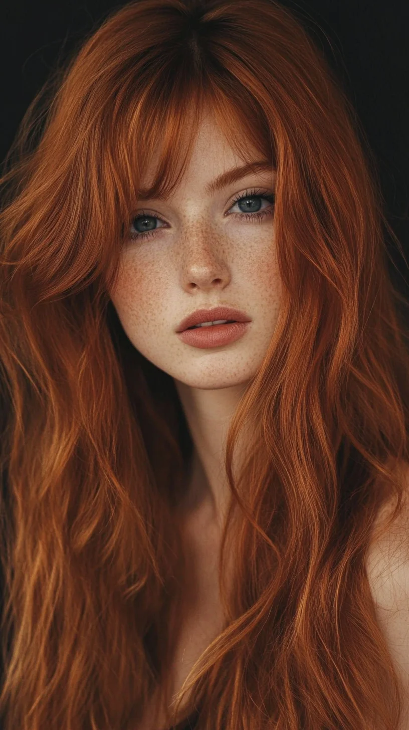 Effortlessly Fabulous: The Luscious Long Copper Waves with Wispy Bangs