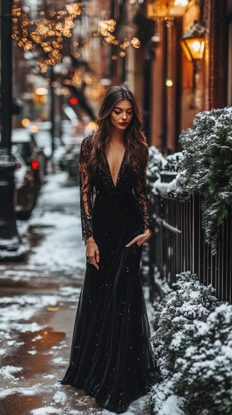Elegance in the Snow: A Stunning Deep V-Neck Lace and Velvet Gown