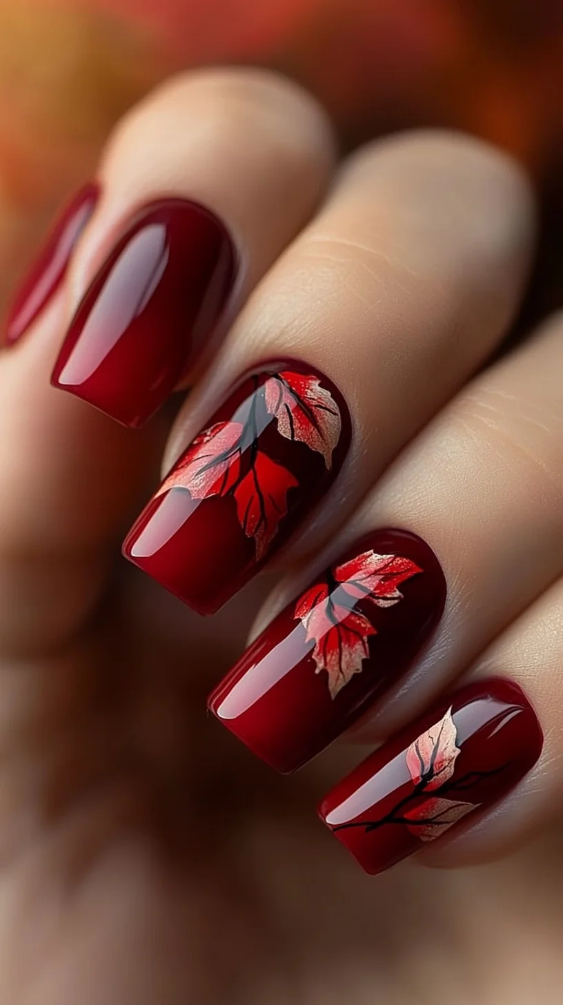 Elegant Autumnal Elegance: Deep Red Nails with Leafy Accents