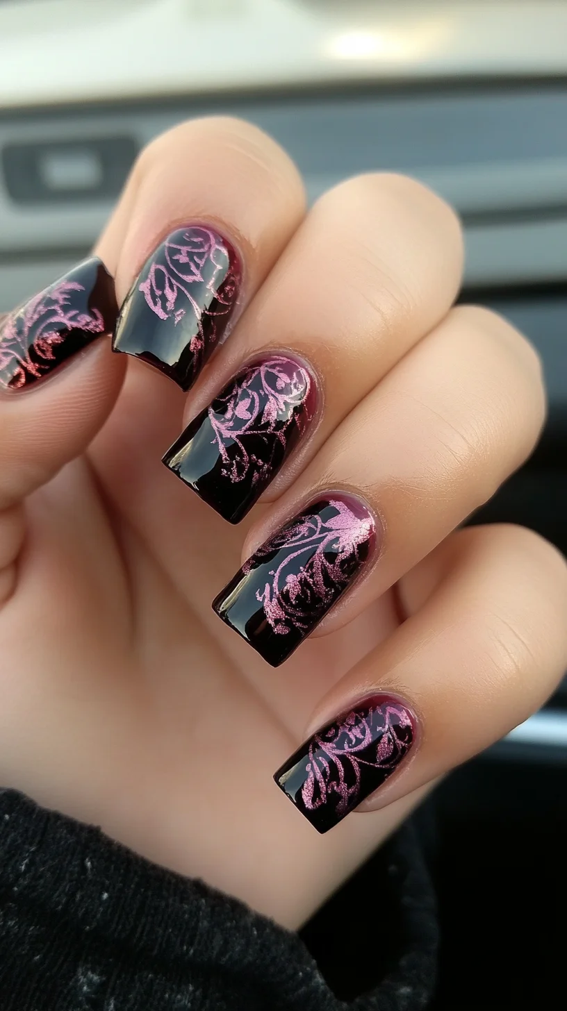 Elegant Black and Pink Floral Nail Art: A Chic Statement for Any Occasion
