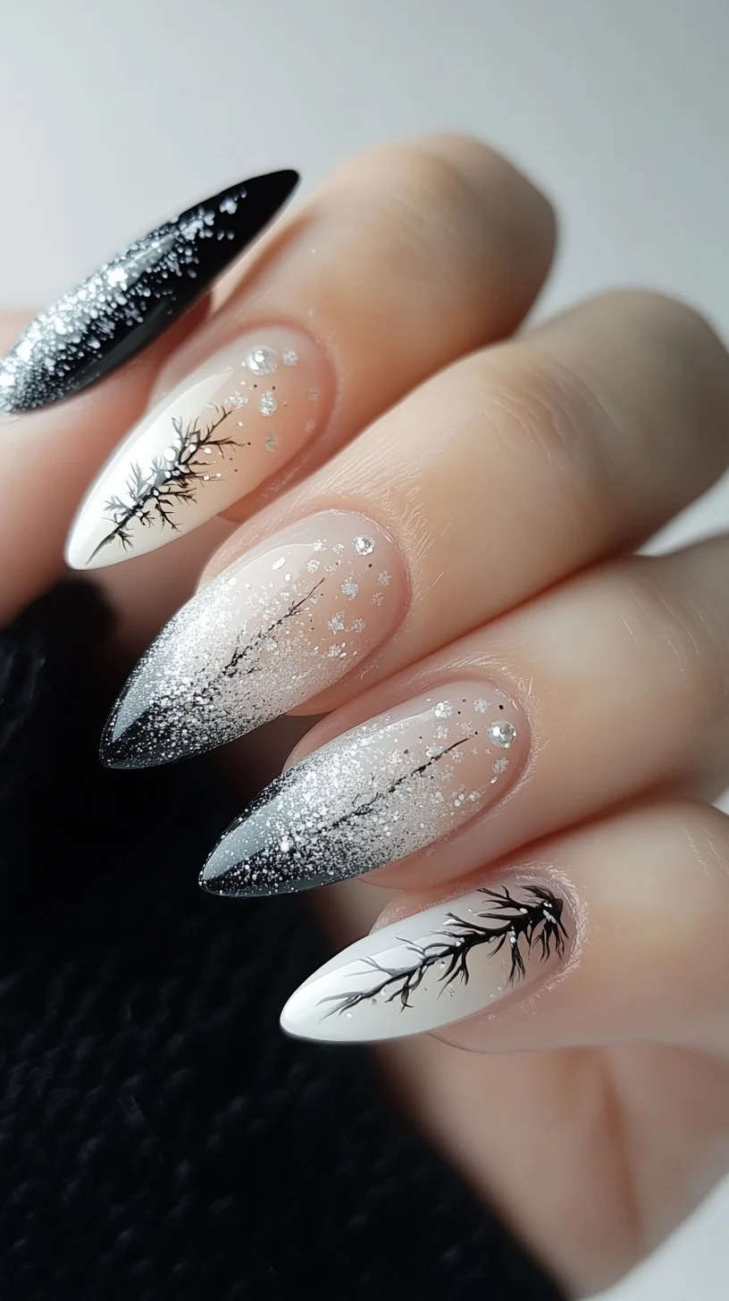 Elegant Black and Silver Ombre Nails with Intricate Branch Detailing