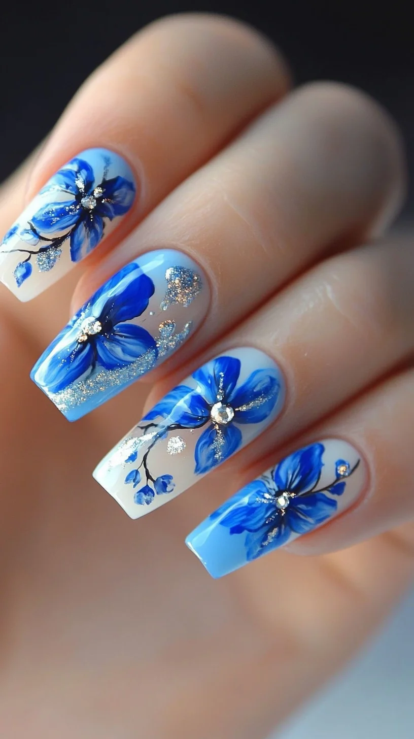Elegant Blue Floral Nail Art: A Perfect Blend of Sophistication and Charm