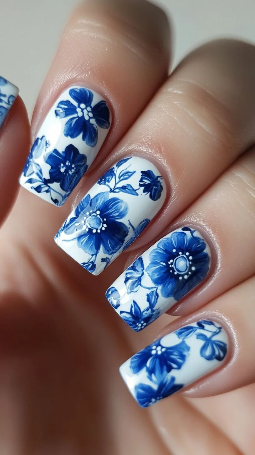 Elegant Blue Floral Nail Art: A Touch of Sophistication and Charm