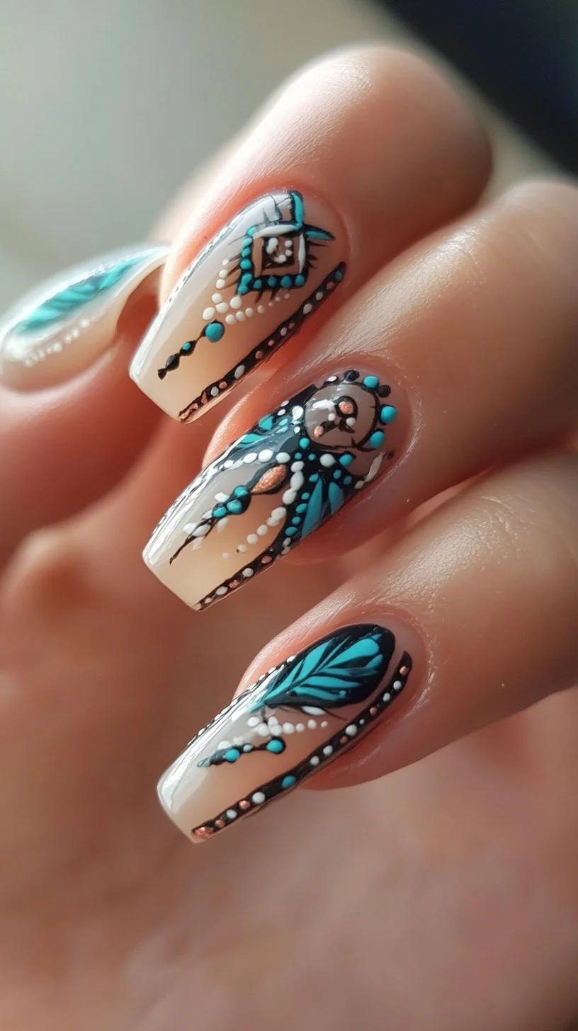 Elegant Bohemian Vibes: Stunning Nail Art with Turquoise and Designs