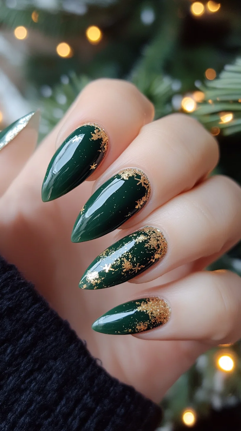 Elegant Emerald Stiletto Nails with Glimmering Gold Accents