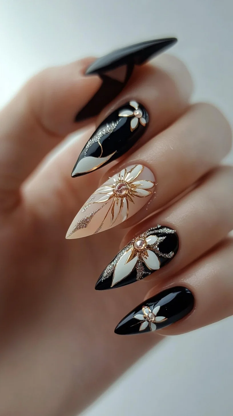 Elegant Floral Accents on Bold Black: The Ultimate Nail Art Style