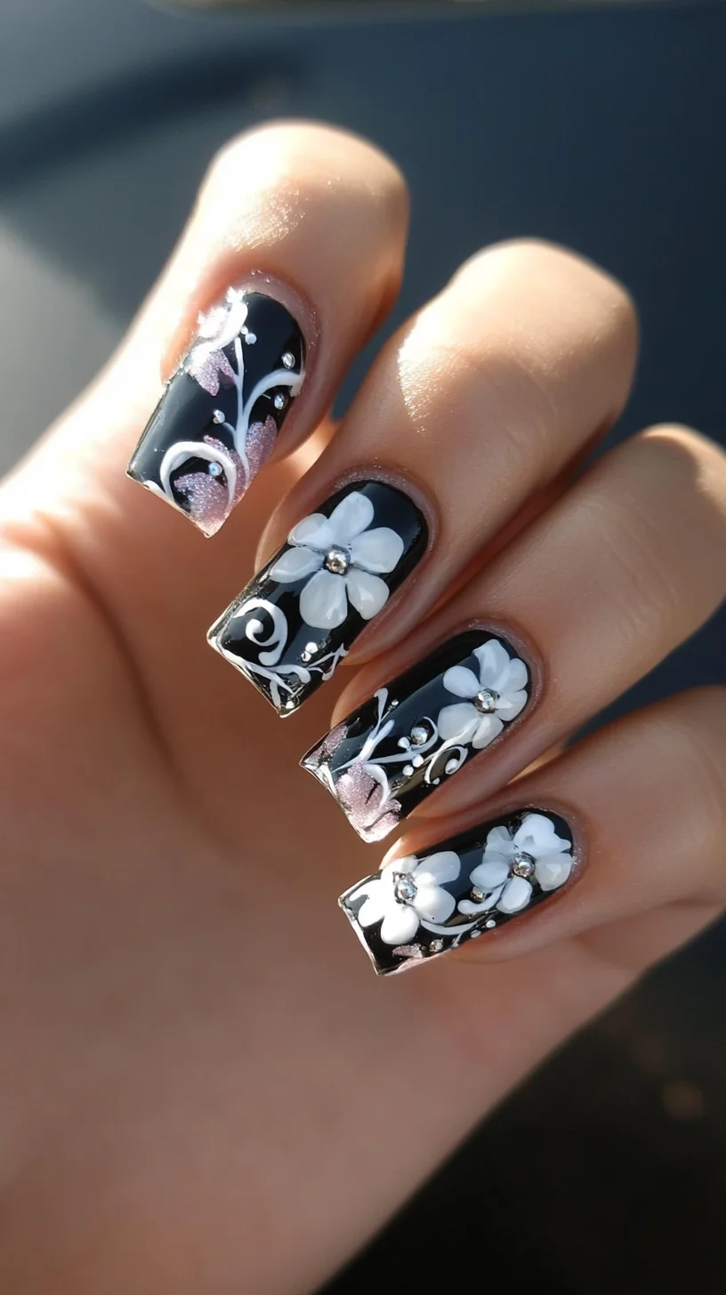 Elegant Floral Fusion: Black and White Nail Art with Dazzling Accents