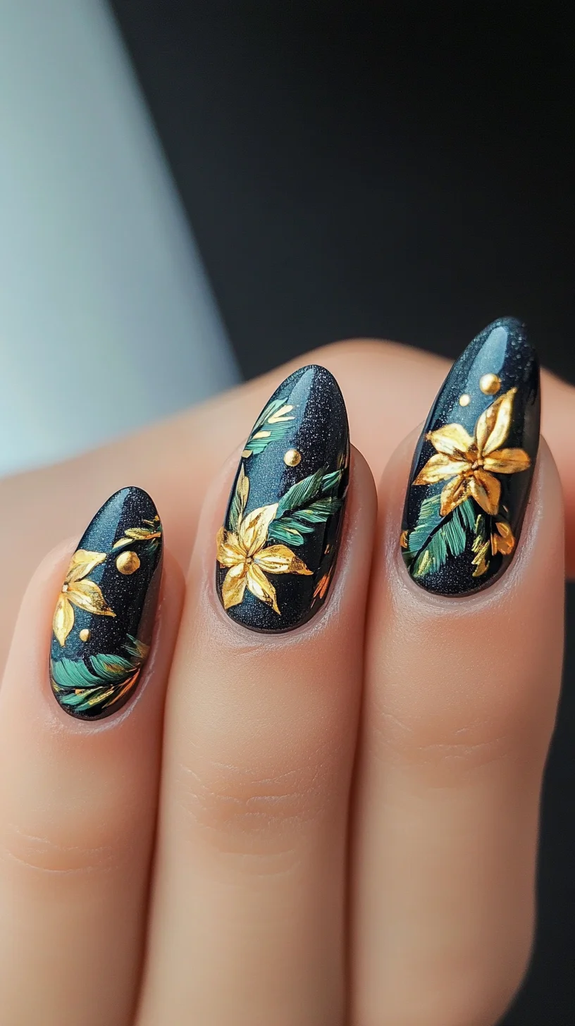 Elegant Floral Fusion: Striking Dark Nails Enhanced with Golden Blooms
