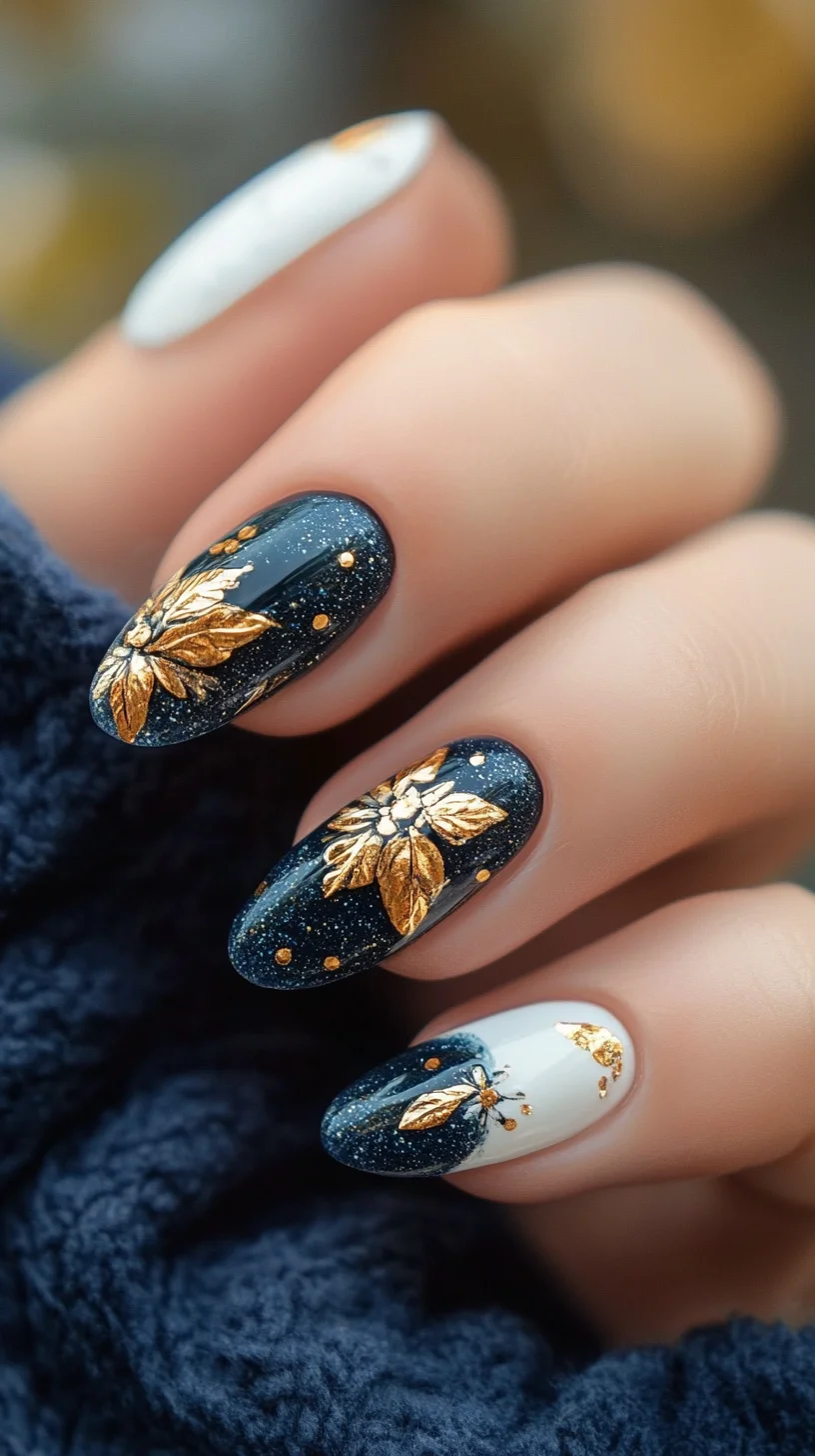 Elegant Floral Glam: The Perfect Blend of Dark and Light Nail Art