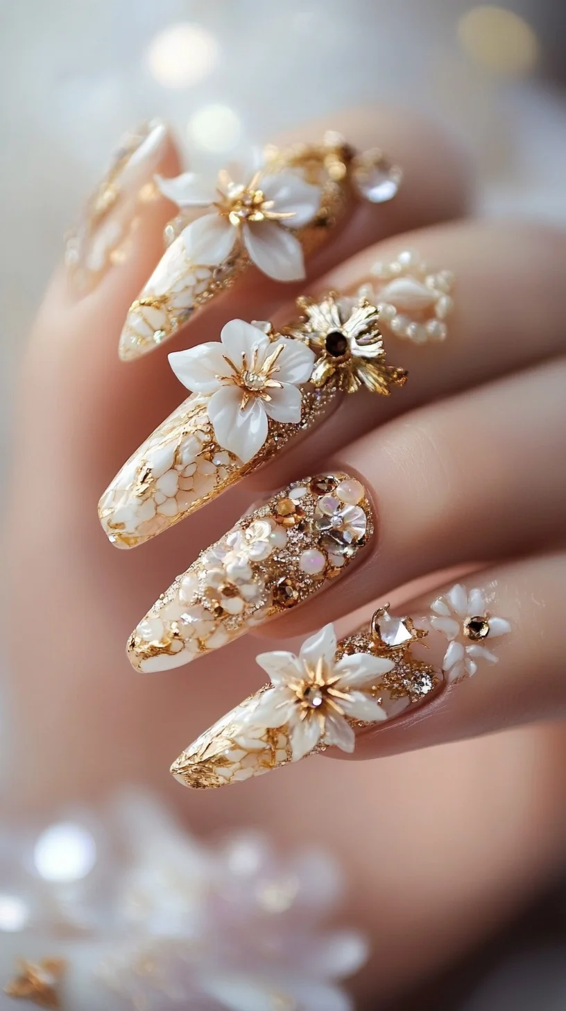 Elegant Floral Nail Art: A Glamorous Touch with Gold Accents