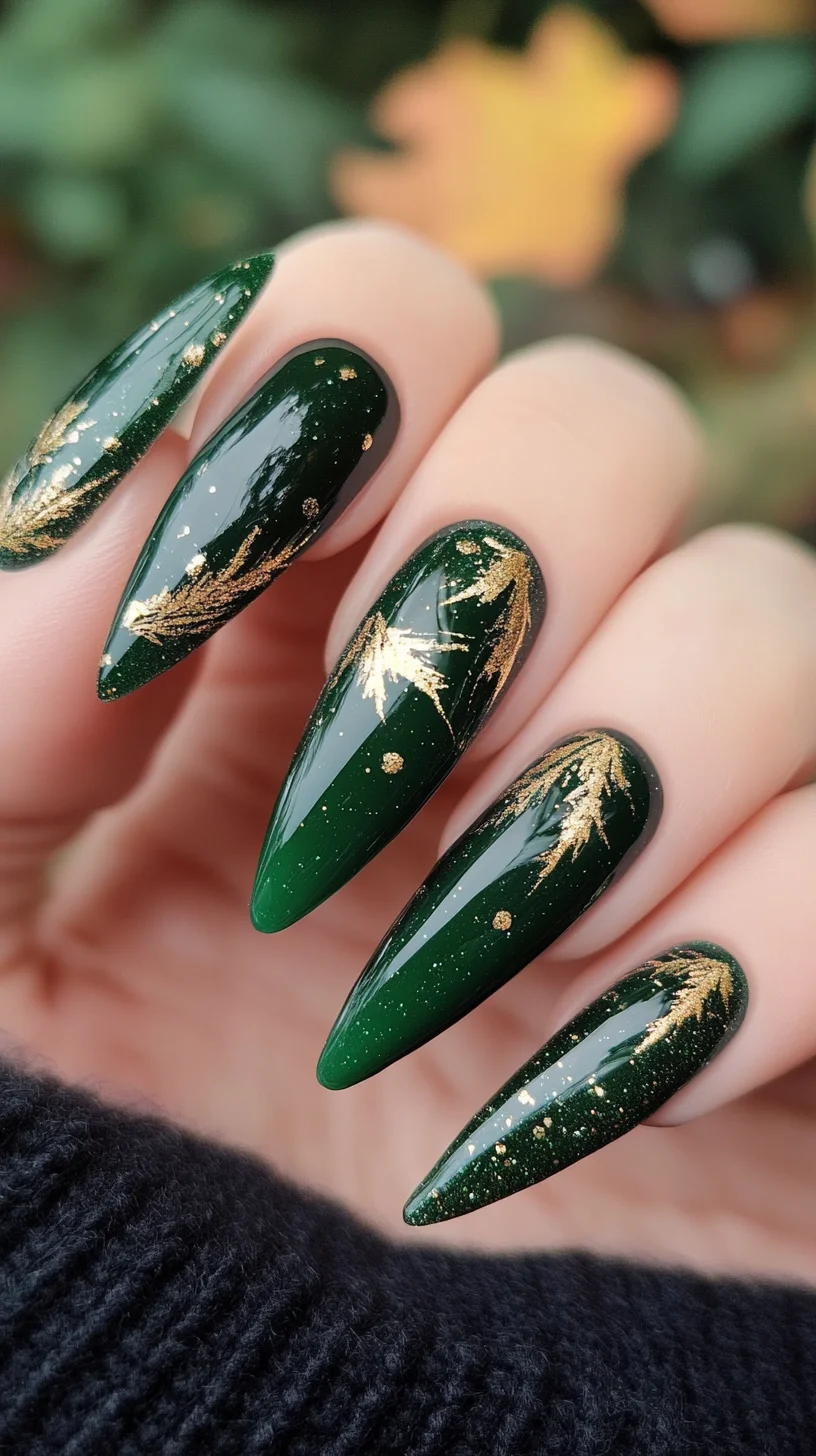 Elegant Forest Glam: Exquisite Green and Gold Stiletto Nails