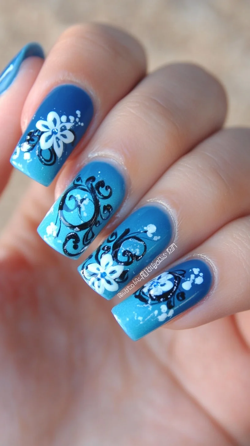 Elegant Ombre Floral Nails with Whimsical Black Accents