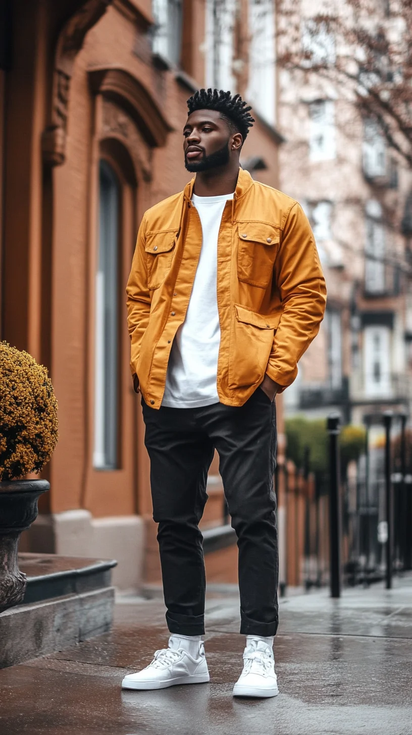 Elevate Your Casual Look with a Bold Mustard Jacket and Fresh White Sneakers