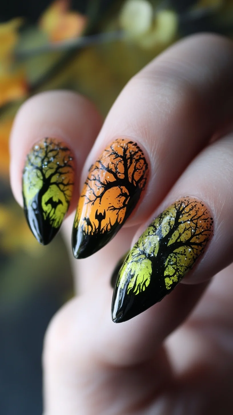 Elevate Your Look with Spooky Ombre Tree Nail Art for a Dramatic Fall Vibe