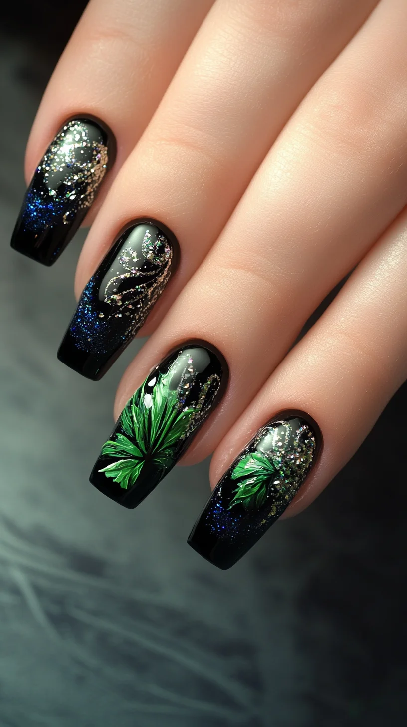 Elevate Your Look with Stunning Black and Green Botanical Nail Art