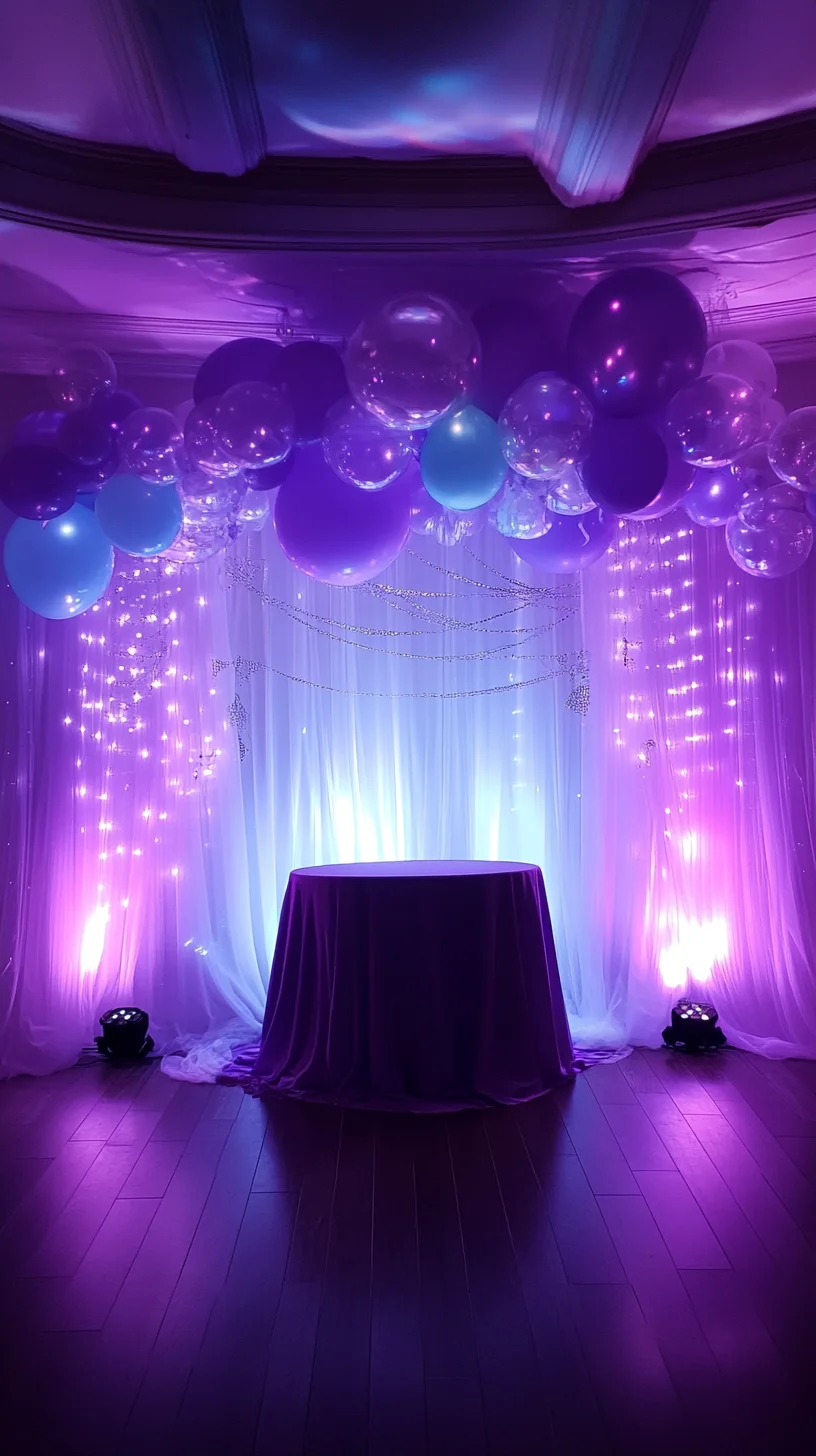 Elevate Your Space with Glamorous Purple Balloon Décor and Twinkling Lights
