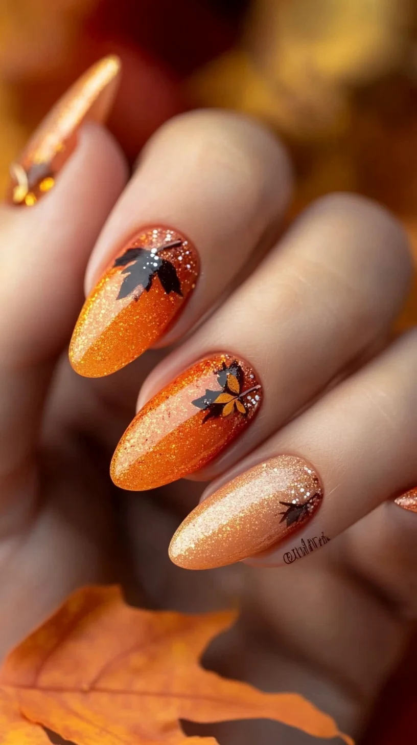 Embrace Autumn Elegance with Glitzy Ombre and Leaf Detail Nail Art