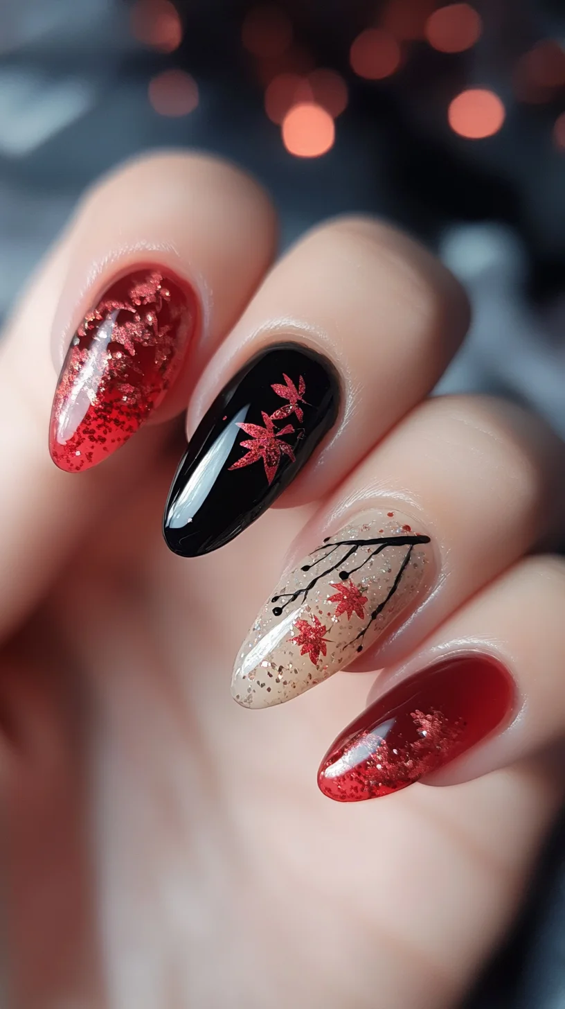 Embrace Autumn Elegance with Stunning Glittery Maple Leaf Nails