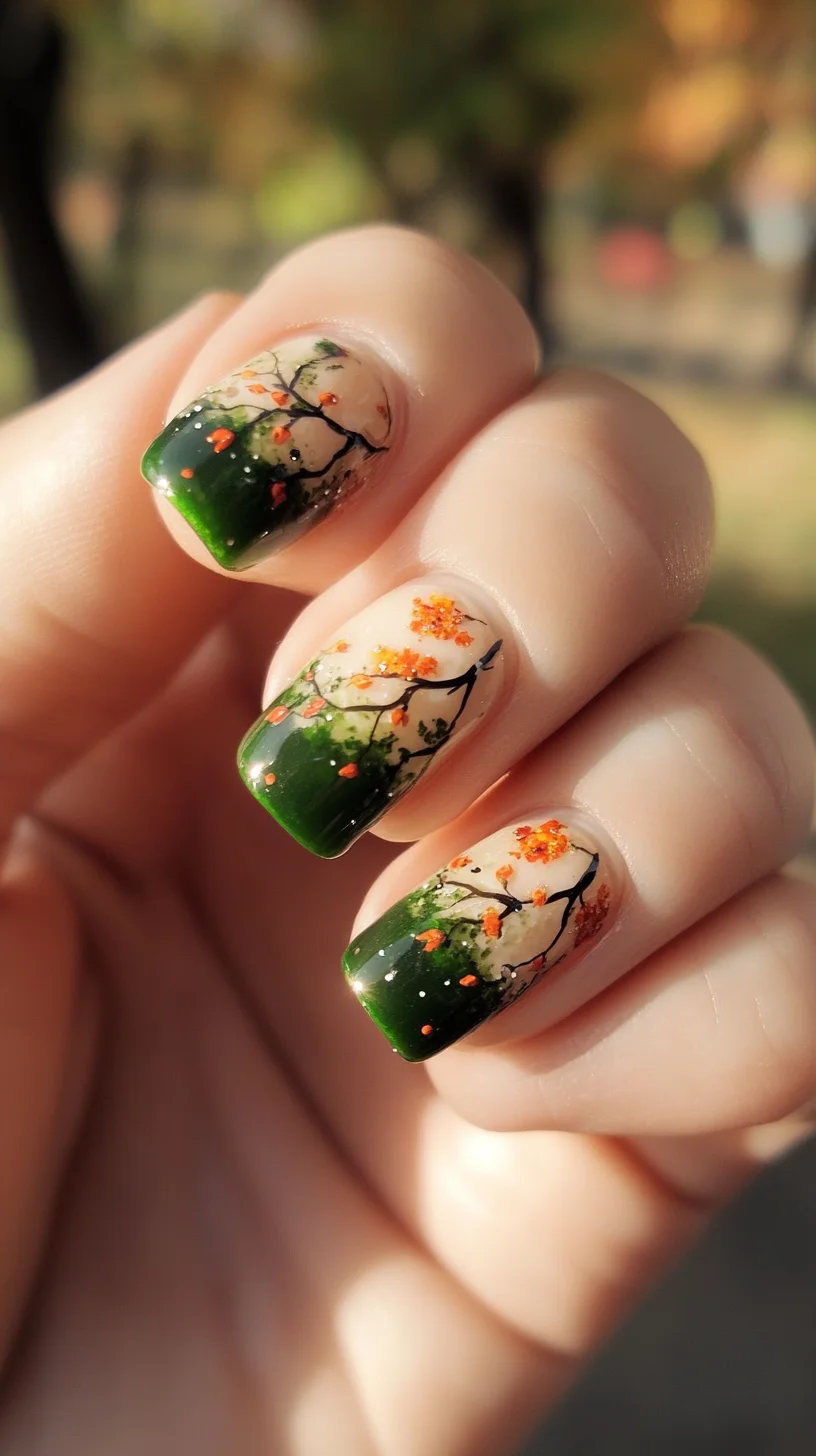 Embrace Autumn: Elegant Green and Floral Nail Art for Nature Lovers