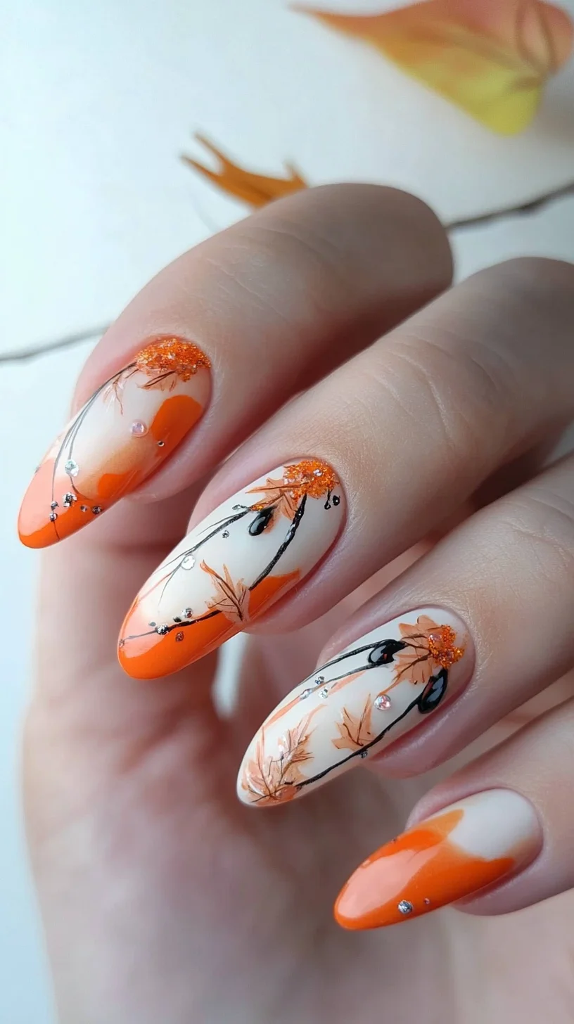 Embrace Autumn: Stunning Orange and Floral Nail Art for a Seasonal Statement