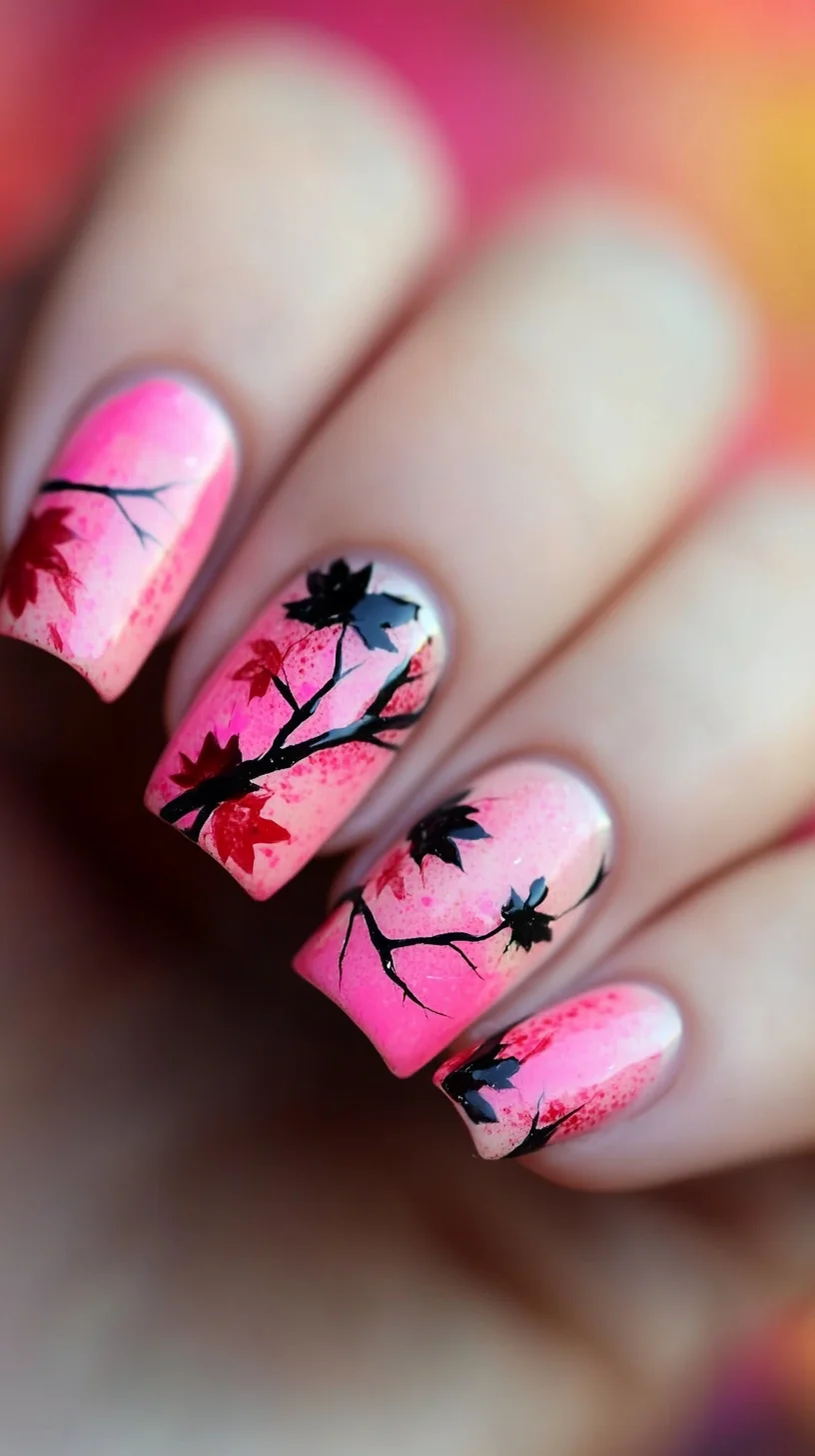 Embrace Autumn: Stunning Pink and Black Cherry Blossom Nail Art