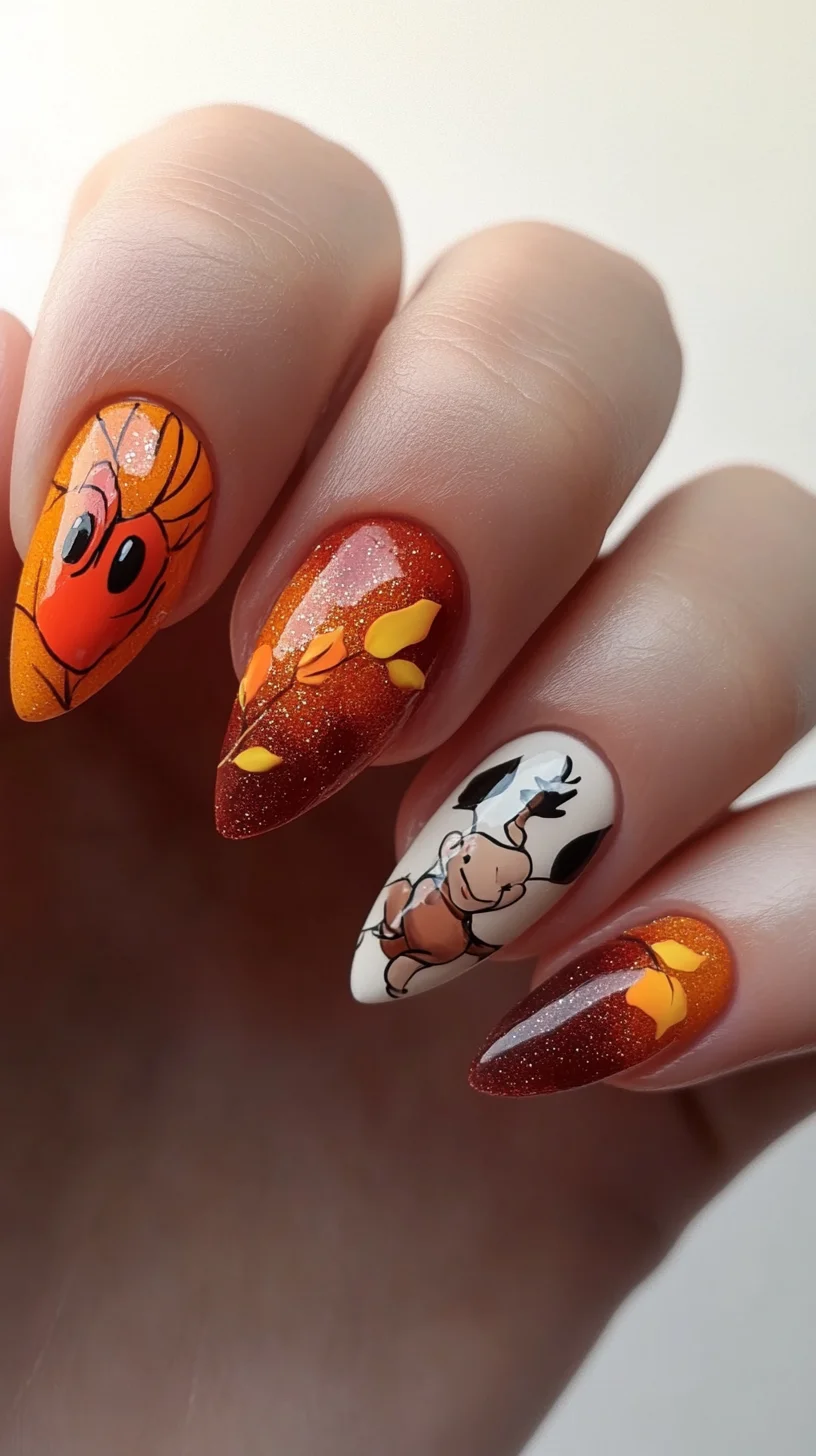 Embrace Autumn Vibes with Whimsical Nail Art Featuring Warm Tones and Playful Characters