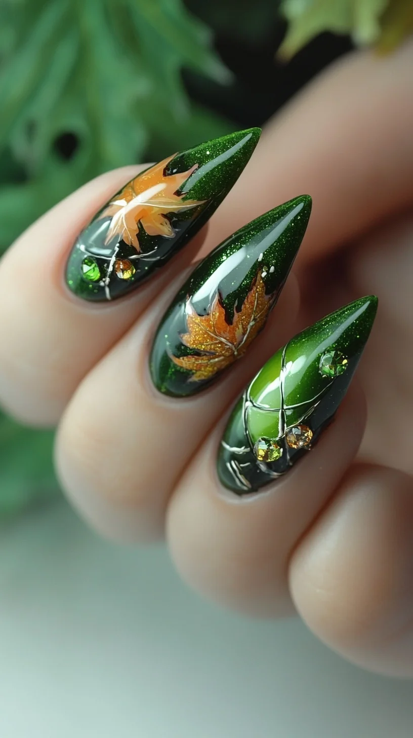 Embrace Autumn with Vibrant Green and Golden Leaf Nail Art