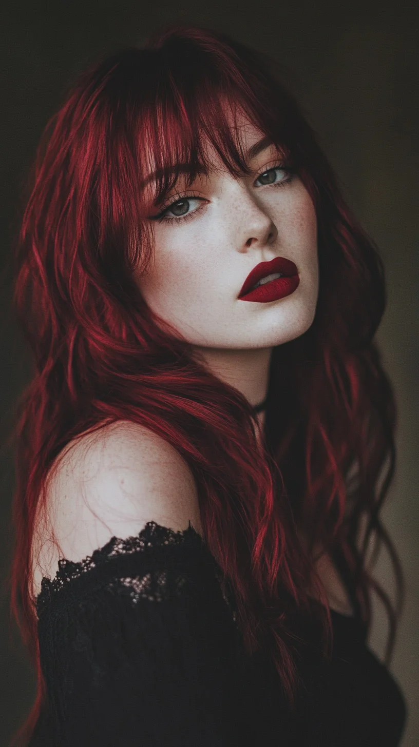 Embrace Boldness: Fiery Red Waves with Chic Bangs