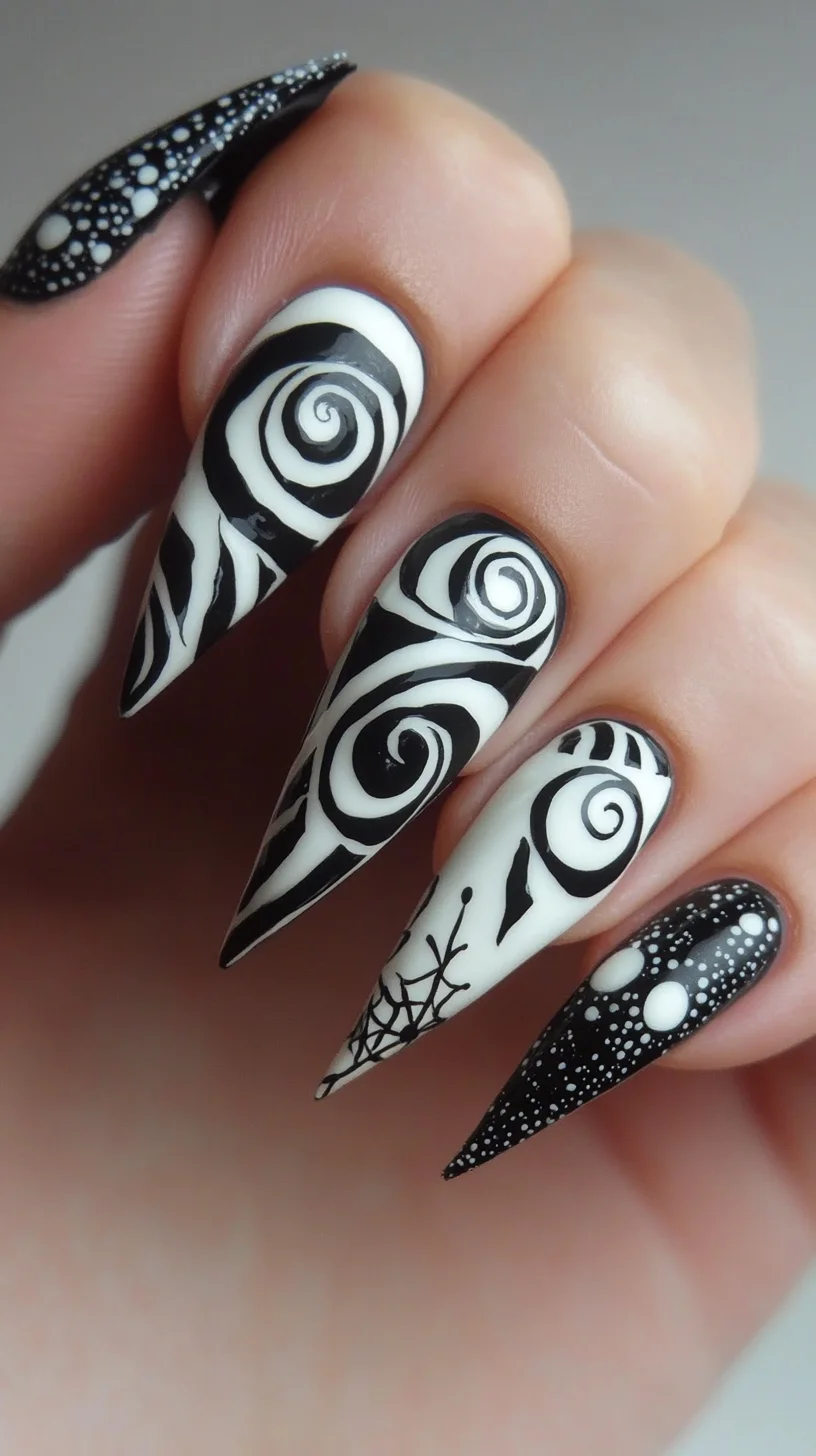 Embrace Edginess: Bold Black and White Swirl Nail Art for a Striking Statement