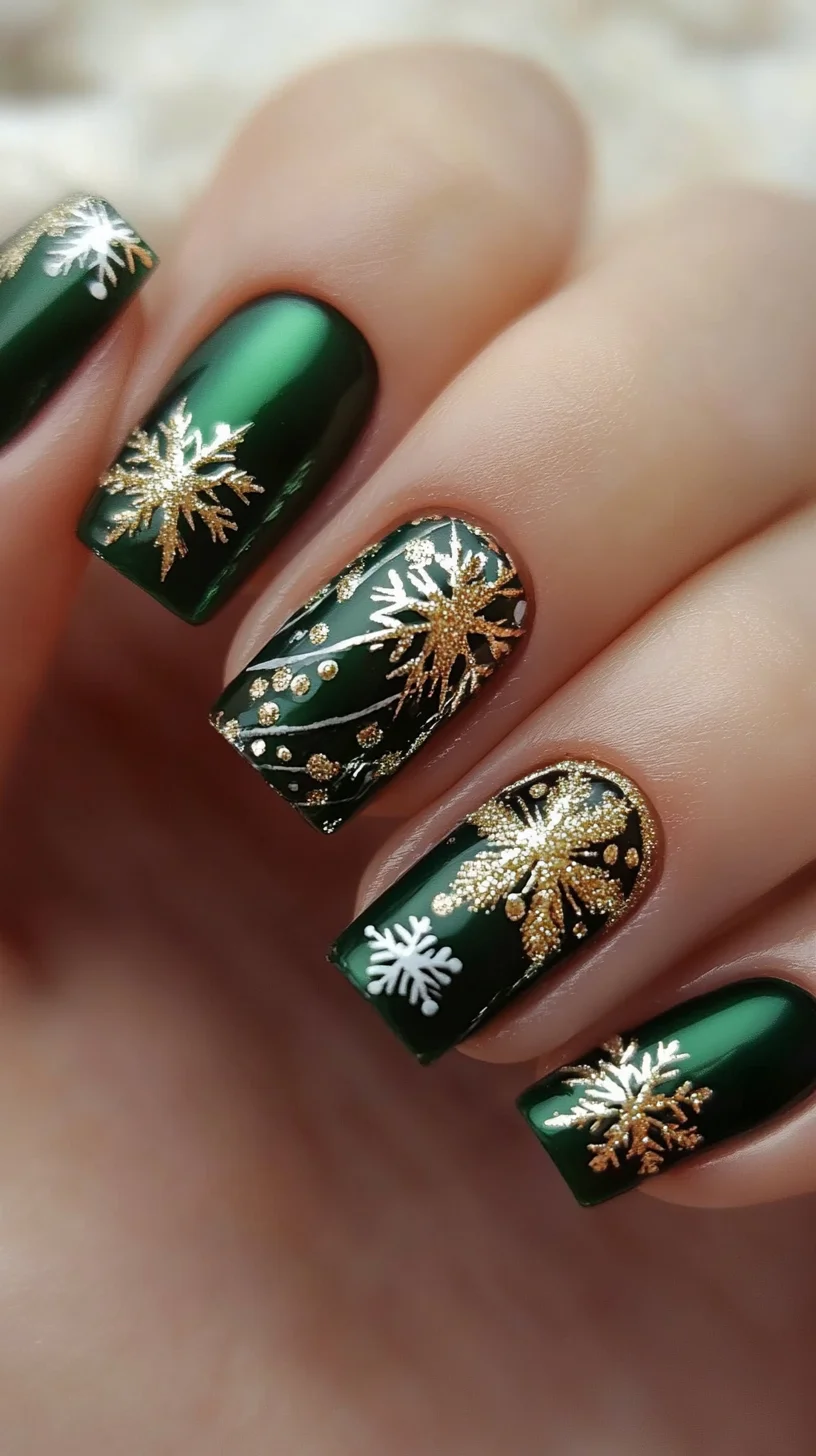 Embrace Elegance: Festive Green and Gold Snowflake Nail Art