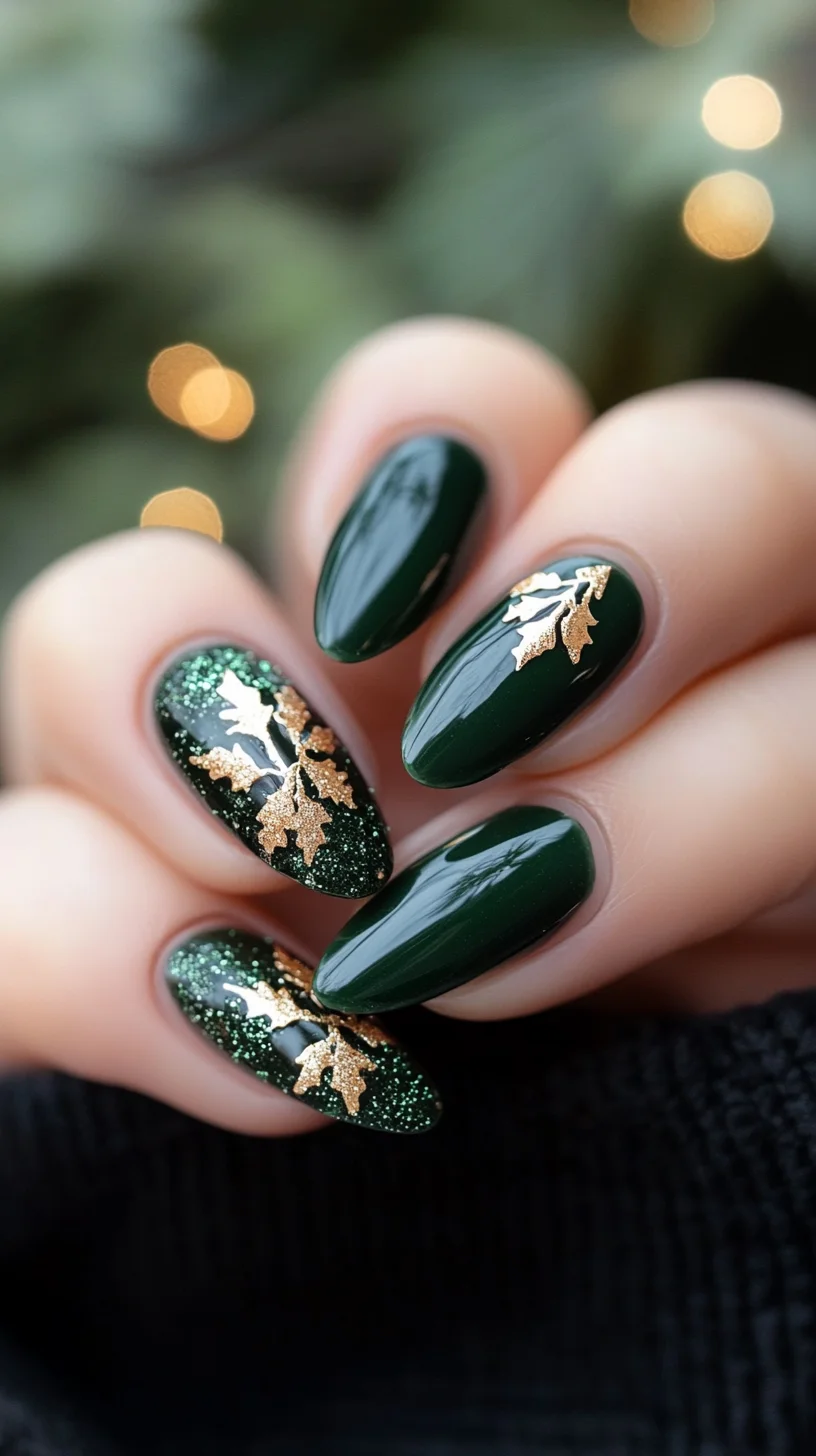 Embrace Elegance: Luxurious Green and Gold Leaf Nail Art for a Glamorous Touch