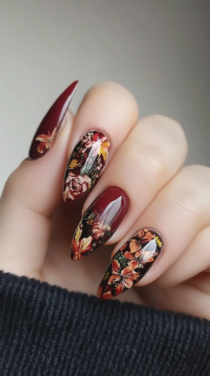 Embrace Elegance with Floral-Inspired Burgundy Stiletto Nails