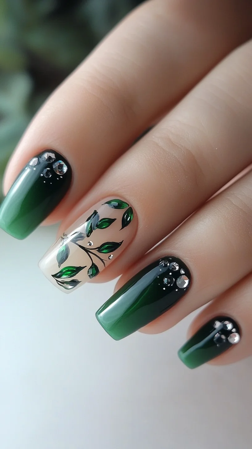 Embrace Nature: Stunning Green Floral Nail Art with Sparkling Accents