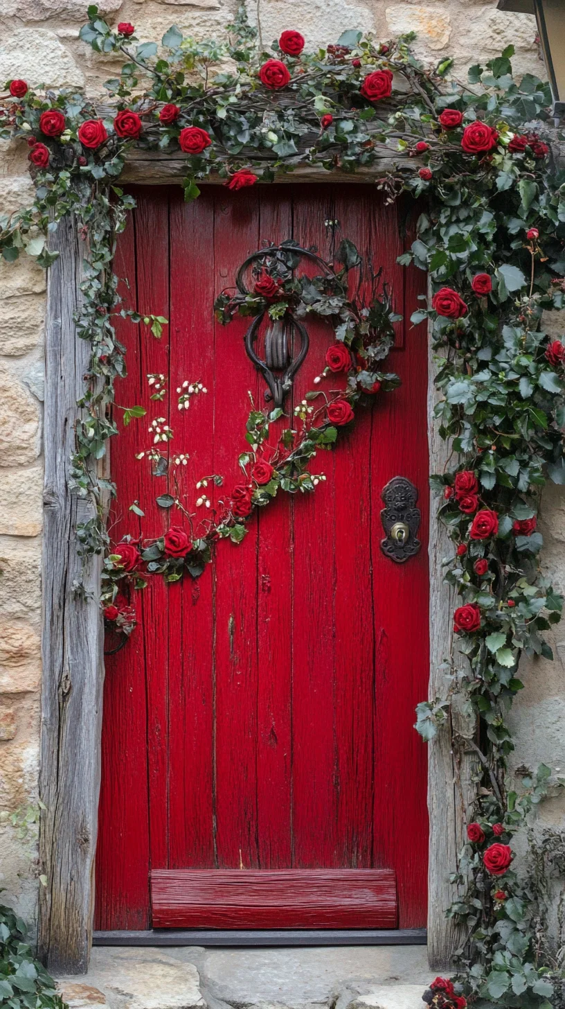 Embrace Rustic Romance with a Bold Red Door Adorned in Blooms