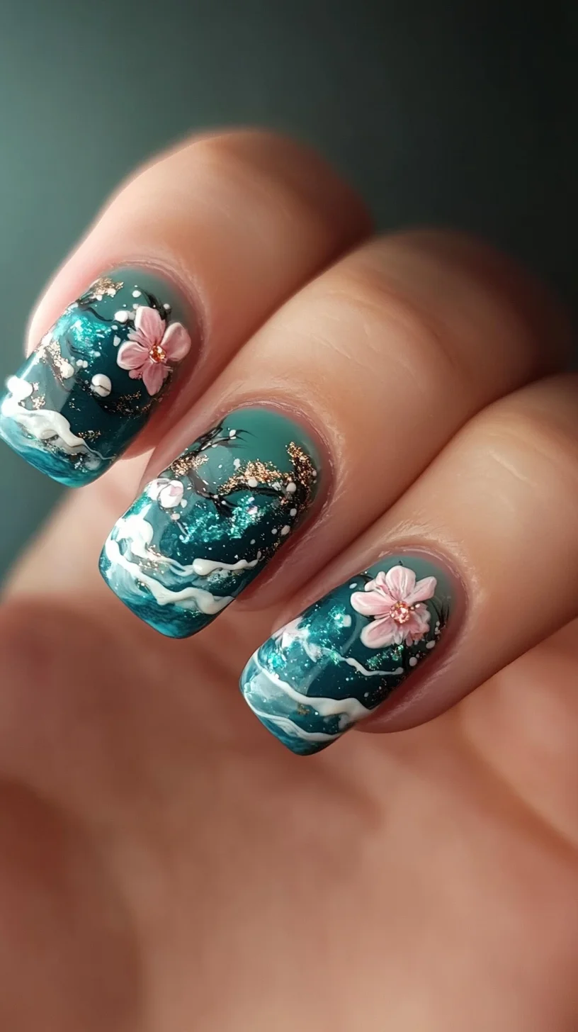 Embrace Serenity: Ocean-Inspired Nail Art with Blooming Floral Accents