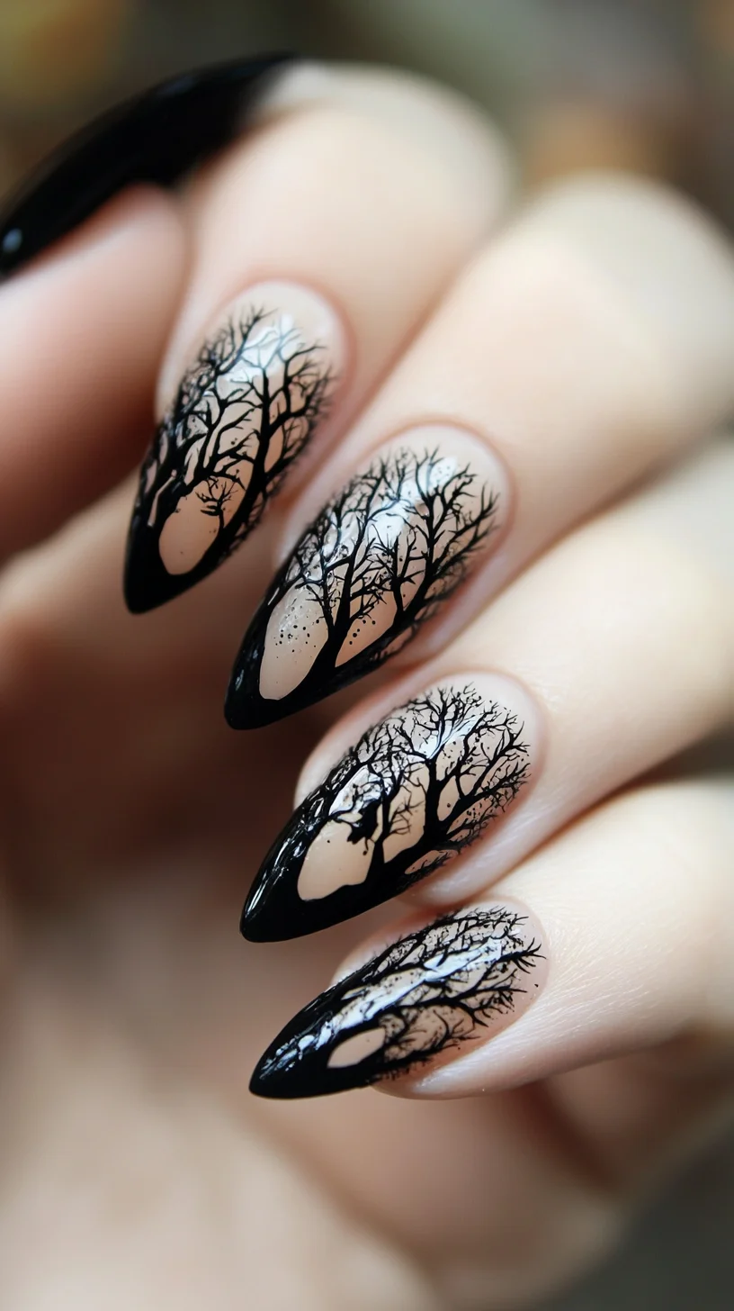 Embrace the Enchantment: Tree Silhouettes on Dreamy Ombre Nails