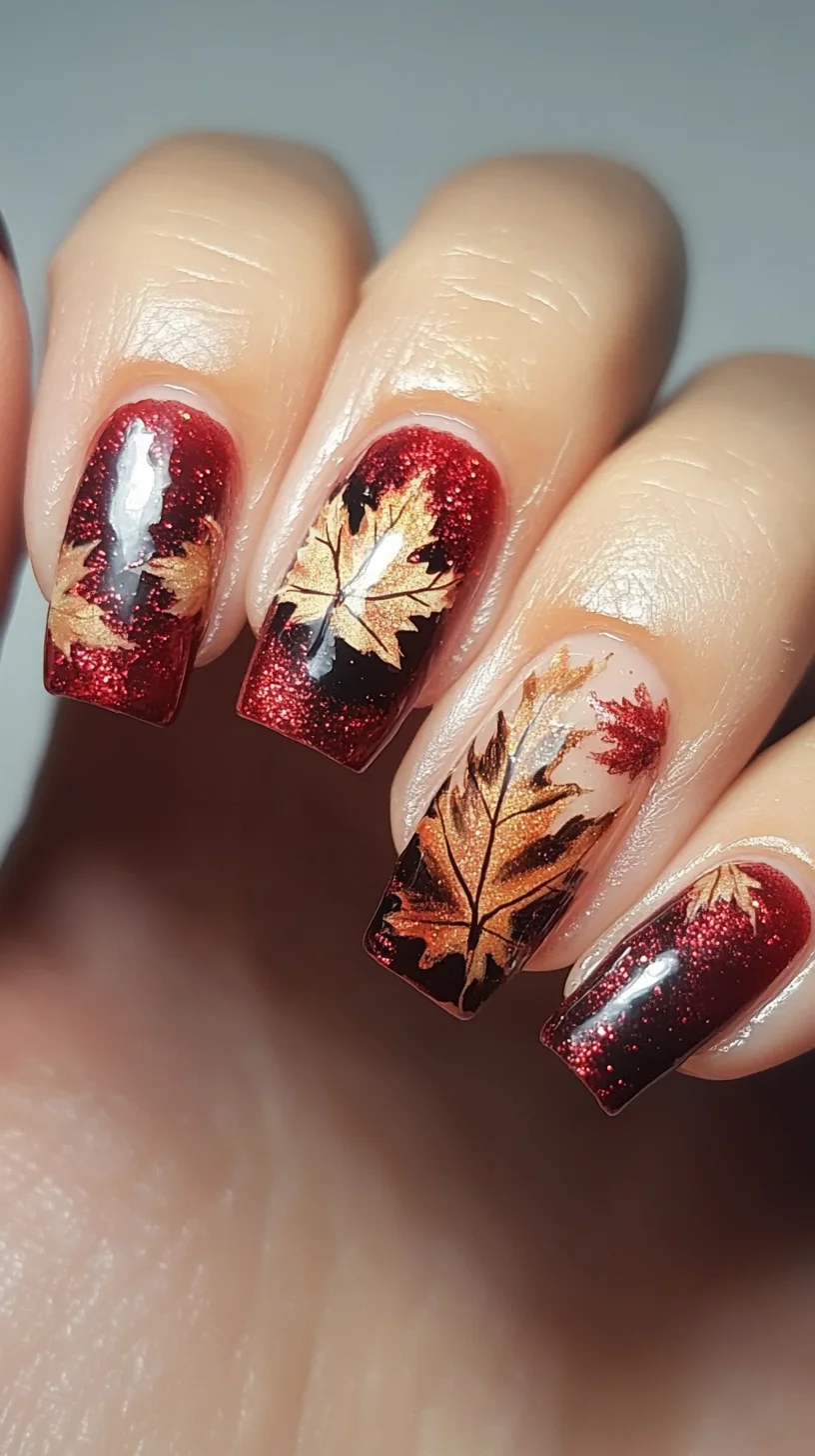 Enchanting Autumn Vibes: Sparkling Red and Golden Leaf Nail Art