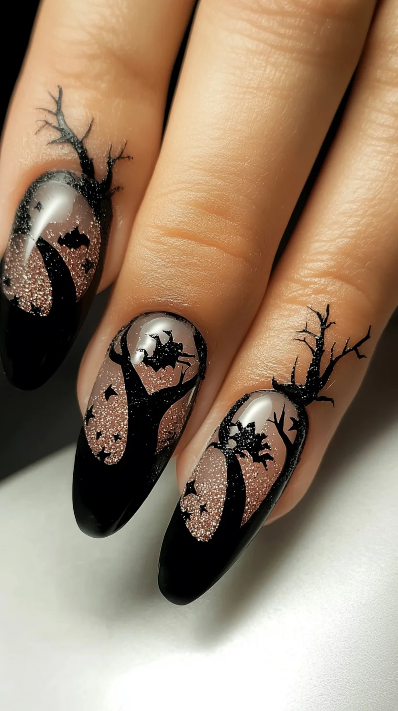 Enchanting Black & Glittery Nail Art Inspired by Spooky Forests