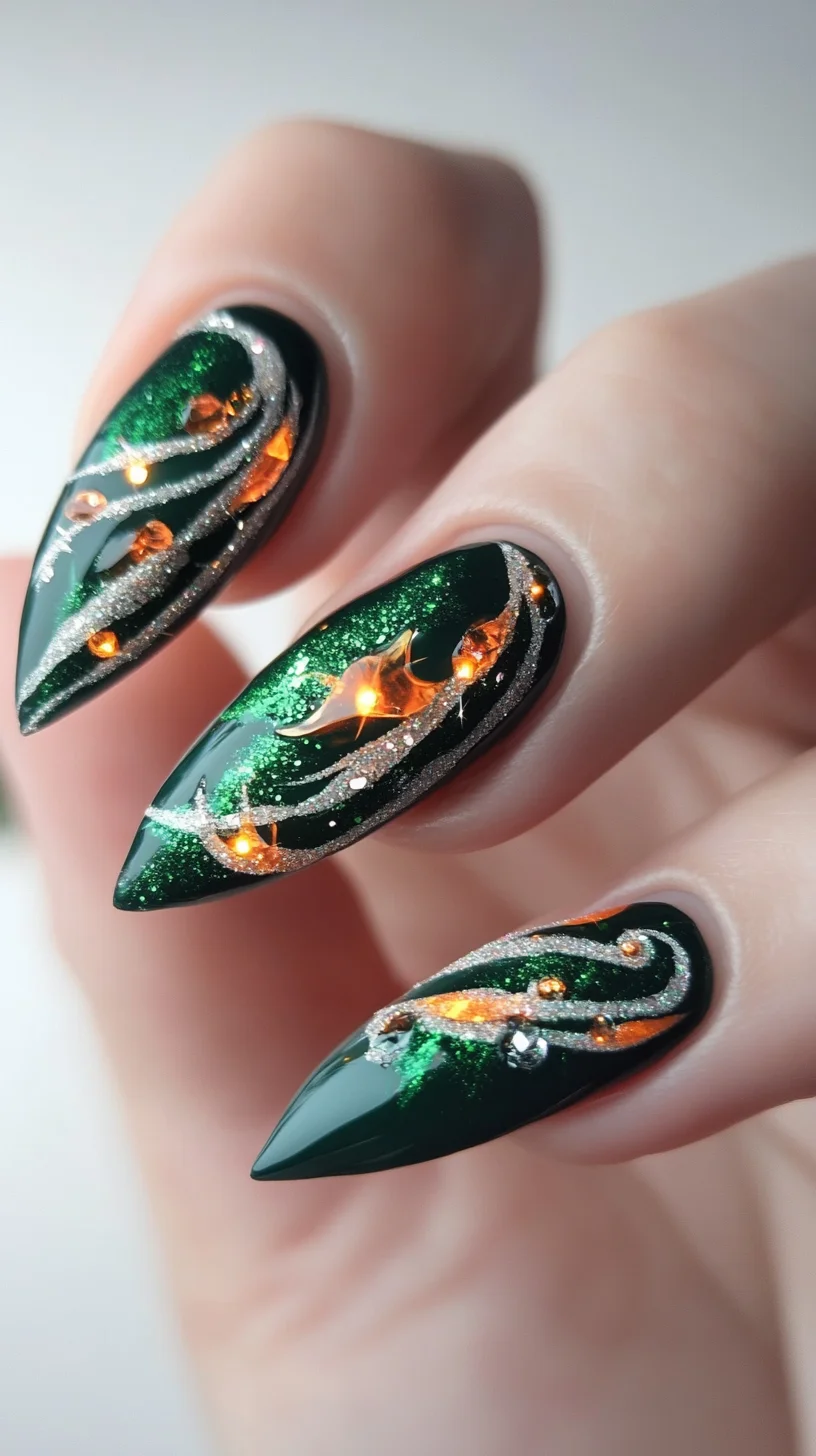 Enchanting Emerald Elegance: Bold Nail Art with Striking Glitter Accents
