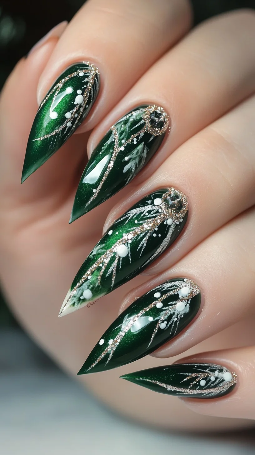 Enchanting Forest Glam: Stunning Green Stiletto Nails with Elegant Accents