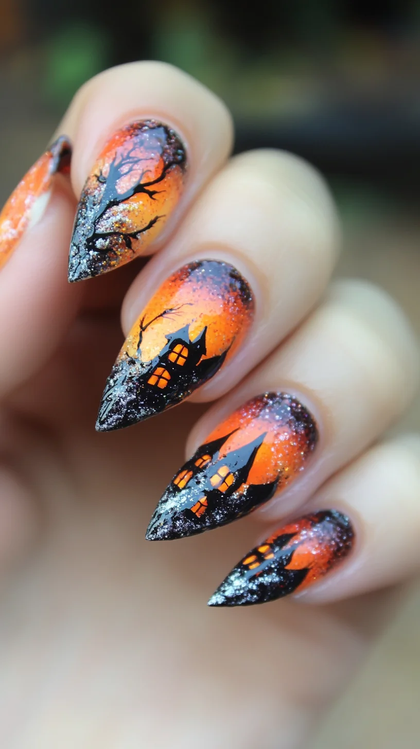 Enchanting Halloween Nail Art: Spooky Silhouettes Against a Fiery Sunset